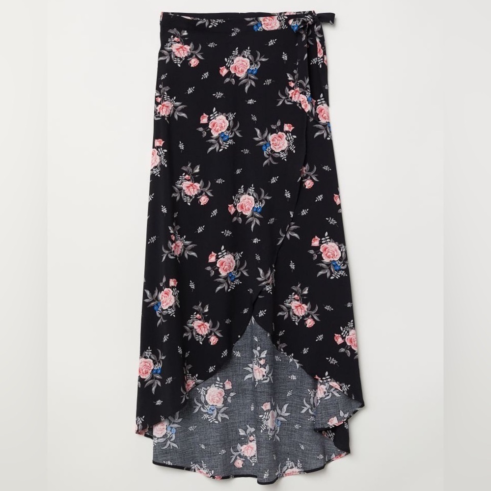 H&M Black Midi Wrap Skirt With Pink Roses